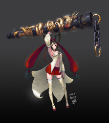 Rule 34 | 1girl, arm up, armpits, bare shoulders, black background, brown thighhighs, chain, closed mouth, cloud print, dragon, dragon print, eastern dragon, gem, gradient background, holding, holding staff, holding weapon, huge weapon, kysso, long hair, magatama, navel, orange eyes, original, red footwear, red gemstone, red ribbon, red skirt, ribbon, shiny skin, signature, skirt, solo, staff, thighhighs, twintails, weapon