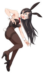 Rule 34 | 1girl, alternate costume, animal ears, bare shoulders, black hair, black leotard, brown pantyhose, d:, detached collar, fake animal ears, glasses, green eyes, highres, kantai collection, leotard, long hair, looking at viewer, necktie, ooyodo (kancolle), open mouth, pantyhose, playboy bunny, rabbit ears, rabbit tail, red necktie, sakura (medilore), semi-rimless eyewear, simple background, solo, strapless, strapless leotard, tail, thighband pantyhose, white background, wrist cuffs