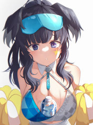 Rule 34 | 1girl, absurdres, bare shoulders, between breasts, blue archive, blue eyes, blush, breasts, cheerleader, cleavage, crop top, dog girl, eyewear on head, facial mark, goggles, gr greeze, halo, hibiki (blue archive), hibiki (cheer squad) (blue archive), highres, holding, holding pom poms, large breasts, looking at viewer, millennium cheerleader outfit (blue archive), navel, official alternate costume, pom pom (cheerleading), pom poms, simple background, star (symbol), star facial mark, sticker on face, yellow halo