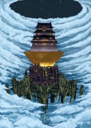 Rule 34 | architecture, castle, cloud, east asian architecture, fate/grand order, fate (series), flying, hanging gardens of babylon, lights, lilac (p-f easy), no humans, pyramid (structure), sky, star (sky), starry sky