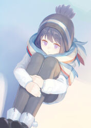 Rule 34 | 1girl, absurdres, black footwear, black hair, black hat, black pants, bobblehat, hat, highres, knees up, pants, purple eyes, scarf, shima rin, sitting, solo, striped clothes, striped scarf, sweater, white sweater, yidie, yurucamp