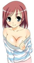 Rule 34 | 00s, 1girl, bare shoulders, blue eyes, breasts, brown hair, cleavage, collarbone, jpeg artifacts, large breasts, looking at viewer, no bra, non-web source, off shoulder, original, red hair, reona (to heart 2), short hair, simple background, smile, solo, to heart (series), to heart 2, unagimaru, undressing