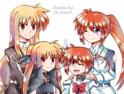 Rule 34 | 00s, 4girls, age progression, ange (angeban93), anniversary, blonde hair, blue eyes, blush, bow, brown hair, cape, dual persona, fate testarossa, female focus, hair ribbon, hands on shoulders, long hair, low-tied long hair, lyrical nanoha, magical girl, mahou shoujo lyrical nanoha, mahou shoujo lyrical nanoha strikers, military, military uniform, multiple girls, aged up, one eye closed, purple eyes, red bow, red eyes, red hair, ribbon, sailor collar, short hair, side ponytail, smile, takamachi nanoha, twintails, uniform, aged down