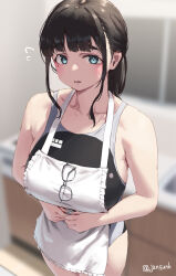 Rule 34 | 1girl, apron, blue eyes, blurry, blurry background, breasts, brown hair, collarbone, commentary request, competition swimsuit, glasses, highres, jonsun, large breasts, looking at viewer, medium hair, mole, mole under each eye, mole under eye, multiple moles, one-piece swimsuit, original, sidelocks, solo, standing, swimsuit, swimsuit under clothes, tamami (jonsun), thighs, twitter username, white apron