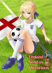 Rule 34 | 1girl, 2018 fifa world cup, alternate costume, artoria pendragon (all), artoria pendragon (fate), ball, blonde hair, bow, braid, check commentary, commentary request, england, english flag, english text, fate/stay night, fate (series), flag, french braid, grass, green eyes, hair between eyes, hair bow, hair bun, open mouth, revision, saber (fate), sidelocks, single hair bun, soccer, soccer ball, soccer field, soccer uniform, solo, sportswear, telstar, world cup, yangq07