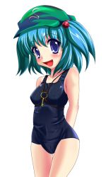 Rule 34 | 1girl, bad id, bad pixiv id, bare shoulders, between breasts, blue eyes, blue hair, blush, breasts, female focus, hair bobbles, hair ornament, hat, kawashiro nitori, key, matching hair/eyes, one-piece swimsuit, school swimsuit, shiny clothes, skindentation, smile, solo, swimsuit, tera hiroshi, touhou, twintails, two side up