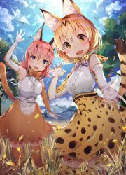 Rule 34 | 2girls, :d, absurdres, airmisuzu, animal ear fluff, animal ears, arm up, armpits, bare shoulders, belt, blonde hair, blue eyes, blue sky, blush, bow, bowtie, breasts, brown hair, brown legwear, brown skirt, caracal (kemono friends), cloud, cloudy sky, commentary, day, elbow gloves, fang, frilled shirt, frills, gloves, grass, hand up, head tilt, high-waist skirt, highres, kemono friends, leaf, looking at viewer, medium breasts, multicolored hair, multiple girls, nature, open mouth, orange neckwear, outdoors, pink hair, revision, serval (kemono friends), serval print, serval tail, shirt, shirt tucked in, short hair, skirt, sky, sleeveless, sleeveless shirt, smile, standing, sunlight, tail, thighhighs, traditional bowtie, tree, two-tone hair, white gloves, white shirt, yellow eyes, zettai ryouiki