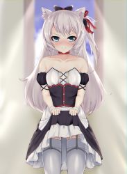 Rule 34 | 1girl, absurdres, animal ears, azur lane, bare shoulders, black bow, black dress, blue eyes, blue sky, blurry, blurry background, blush, bow, cat ears, cat hair ornament, choker, closed mouth, cloud, collarbone, commentary request, cowboy shot, day, depth of field, detached sleeves, dress, frilled dress, frills, hair bow, hair ornament, hair ribbon, hammann (azur lane), highres, long hair, looking at viewer, one side up, puffy short sleeves, puffy sleeves, red bow, red choker, red ribbon, remodel (azur lane), ribbon, short sleeves, silver hair, skirt hold, sky, solo, star (symbol), strapless, strapless dress, thighhighs, toshise., very long hair, white thighhighs, wrist cuffs