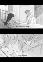 Rule 34 | 2girls, bandaged arm, bandages, bedroom, closed mouth, collared shirt, deerwhisky, english text, greyscale, highres, holding hands, indoors, lamp, letterboxed, long hair, looking at another, lying, monochrome, multiple girls, on side, parted lips, path to nowhere, rahu (path to nowhere), scar, scar on arm, scar on back, shalom (path to nowhere), shirt, sitting, under covers, yuri
