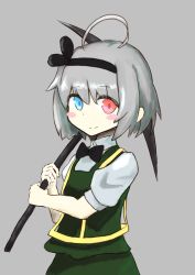 Rule 34 | 1girl, black bow, black bowtie, black hairband, black ribbon, blue eyes, blush, blush stickers, bow, bowtie, closed mouth, collared shirt, commentary, cookie (touhou), cowboy shot, green skirt, green vest, grey background, grey hair, hair between eyes, hair ribbon, hairband, heterochromia, highres, holding, holding pickaxe, konpaku youmu, looking at viewer, mi zu to ra, pickaxe, red eyes, ribbon, shirt, short hair, short sleeves, simple background, skirt, skirt set, smile, solo, touhou, vest, white shirt, zerukalo (cookie)