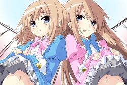 Rule 34 | :p, absurdres, blue eyes, blush, brown hair, clothes lift, dress, dress lift, highres, iwashi dorobou -r-, looking at viewer, naughty face, navel, neptune (series), ram (neptunia), rom (neptunia), smile, tongue, tongue out