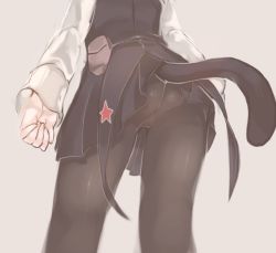 Rule 34 | 1girl, ass, bad id, bad pixiv id, black pantyhose, cat tail, close-up, from below, military, military uniform, okayu (headless), panties, panties under pantyhose, pantyhose, pantyshot, sanya v. litvyak, simple background, solo, star (symbol), strike witches, tail, underwear, uniform, world witches series