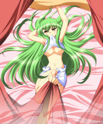 Rule 34 | 00s, 1girl, armpits, bad anatomy, bad feet, barefoot, bed, breasts, c.c., clothes lift, code geass, feet, green hair, highres, ka2, large breasts, long hair, lying, midriff, mouth hold, navel, poorly drawn, see-through, shirt lift, shorts, solo, underboob, yellow eyes