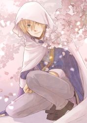 Rule 34 | 10s, 1boy, blonde hair, blue eyes, cherry blossoms, cloak, closed mouth, eyebrows, hood, hooded cloak, kneeling, kumataru, looking to the side, male focus, on one knee, petals, sleeves rolled up, smile, solo, torn clothes, touken ranbu, yamanbagiri kunihiro