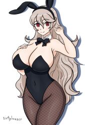 Rule 34 | 1girl, animal ears, black bow, black bowtie, bow, bowtie, breasts, cleavage, closed mouth, corrin (female) (fire emblem), corrin (fire emblem), covered navel, fire emblem, fire emblem fates, hand in own hair, hand on own chest, highres, large breasts, long hair, looking at viewer, navel, nintendo, pantyhose, rabbit ears, red eyes, sixtybuzzer, smile, thick thighs, thighs, very long hair, wavy hair, white background