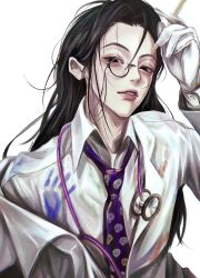 Rule 34 | 1boy, black eyes, black hair, collared shirt, doctor, gloves, highres, holding, holding pen, hunter x hunter, illumi zoldyck, long hair, looking at viewer, male focus, monocle, necktie, nwocp, paint, parted lips, pen, purple necktie, shirt, simple background, solo, stethoscope, upper body, white background, white gloves, white shirt