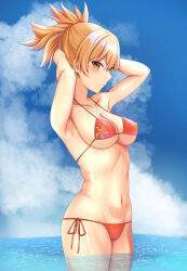 Rule 34 | 1girl, absurdres, aoikito lavender086, arms behind head, bare arms, bare shoulders, bikini, blonde hair, blue sky, blush, breasts, cloud, covered erect nipples, cowboy shot, day, genshin impact, highres, large breasts, looking at viewer, navel, ponytail, red bikini, short hair, side-tie bikini bottom, sky, solo, standing, stomach, swimsuit, thighs, wading, water, yellow eyes, yoimiya (genshin impact)