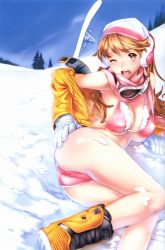 Rule 34 | 1girl, ass, bikini, bikini top only, blush, boots, breasts, earmuffs, gloves, goggles, hat, highres, jacket, large breasts, legs, long hair, looking at viewer, lying, nishieda, on side, open clothes, open mouth, orange hair, original, red eyes, scarf, sky, snow, snowboard, solo, swimsuit, thighs, wince