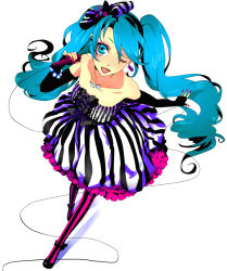 Rule 34 | 1girl, aqua eyes, aqua hair, bad id, bad pixiv id, bow, dress, elbow gloves, frills, gloves, hair bow, hatsune miku, jewelry, long hair, makeup, microphone, necklace, numeri, one eye closed, pantyhose, pink pantyhose, ribbon, romeo to cinderella (vocaloid), solo, striped, thighhighs, twintails, very long hair, vocaloid, wink