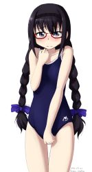 10s 1girl akemi_homura black_hair braid competition_school_swimsuit female_focus glasses grey_eyes kama_iruka kyubey long_hair mahou_shoujo_madoka_magica mahou_shoujo_madoka_magica_(anime) one-piece_swimsuit red-framed_eyewear school_swimsuit semi-rimless_eyewear simple_background solo swimsuit twin_braids under-rim_eyewear white_background