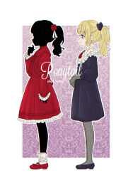Rule 34 | 2girls, alternate hairstyle, black bow, black dress, black footwear, blonde hair, blue eyes, bow, closed mouth, dress, emilico (shadows house), english text, flower, frilled dress, frilled sleeves, frills, from side, full body, gloves, hair bow, hair flower, hair ornament, hand up, jacket, kate (shadows house), lace, lace gloves, lace pantyhose, long sleeves, looking ahead, looking at another, mary janes, multiple girls, neck ribbon, outline, own hands together, ponytail, profile, puffy long sleeves, puffy sleeves, purple background, purple bow, purple dress, purple footwear, red dress, red flower, red footwear, red jacket, red ribbon, red rose, ribbon, romion, rose, shadow (shadows house), shadows house, shoes, sidelocks, smile, socks, standing, twitter username, white outline, white socks