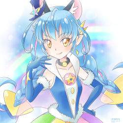 Rule 34 | 1girl, animal ears, blue gloves, blue shirt, braid, cat ears, choker, collarbone, cure cosmo, earrings, elbow gloves, extra ears, fur-trimmed gloves, fur trim, gloves, hat, highres, iri, jewelry, looking at viewer, magical girl, mini hat, multicolored clothes, multicolored skirt, precure, rainbow skirt, shirt, skirt, sleeveless, sleeveless shirt, smile, solo, star twinkle precure, twin braids, upper body, yuni (precure)