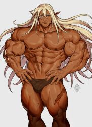 Rule 34 | 1boy, abs, artist logo, artist name, bara, biceps, blonde hair, blue eyes, feet out of frame, hand on own hip, highres, large pectorals, long hair, male focus, male underwear, manly, mature male, muscular, muscular male, navel, nipples, no pants, original, pectorals, pointy ears, scar, scar on arm, scar on face, simple background, smile, solo, thick arms, thick eyebrows, thick thighs, thighs, topless male, underwear, veins, veiny arms, white background, xelgot