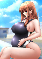 Rule 34 | 1girl, absurdres, blue eyes, blush, breasts, brown hair, cleavage, closed mouth, competition swimsuit, curvy, feet out of frame, from side, hair over shoulder, highres, huge breasts, long hair, looking at viewer, looking to the side, natsuki dgug, one-piece swimsuit, original, outdoors, pool, pregnant, sidelocks, sitting, smile, solo, swimsuit, thick thighs, thighs, tongue, tongue out, wet, wide hips