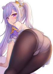 Rule 34 | 1girl, all fours, ass, bare shoulders, bent over, black pantyhose, double bun, dress, embarrassed, genshin impact, hair bun, hair ornament, highres, icwine, keqing (genshin impact), long hair, looking at viewer, looking back, panties, pantyhose, parted lips, see-through, simple background, skirt, twintails, underwear, white background, white panties