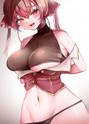 Rule 34 | 1girl, absurdres, bare shoulders, black panties, blush, breasts, cowboy shot, fang, hair ribbon, heterochromia, highres, hinoki kahun0, hololive, houshou marine, large breasts, looking at viewer, navel, panties, red eyes, red hair, ribbon, shiny skin, skin fang, smile, solo, sweat, unbuttoned, unbuttoned shirt, underwear, virtual youtuber, yellow eyes