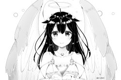 Rule 34 | 1girl, ahoge, alternate hairstyle, angel wings, greyscale, hair ornament, halo, highres, jewelry, kantai collection, looking at viewer, monochrome, necklace, shigure (kancolle), shigure kai ni (kancolle), solo, white background, wings, yamamura umi