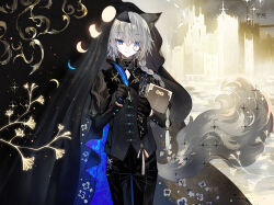 Rule 34 | 1boy, animal ear fluff, animal ears, black jacket, black pants, blue eyes, book, building, closed mouth, commentary request, grey hair, hair over one eye, holding, infinity symbol, jacket, juexing (moemoe3345), juliet sleeves, long sleeves, looking at viewer, male focus, monocle, hugging object, original, pants, puffy sleeves, quill, smile, solo, standing