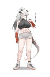 Rule 34 | 1girl, abs, absurdres, alternate costume, alternate hairstyle, arknights, bandaged hand, bandages, bandaid, bandaid on face, bare shoulders, black sports bra, breasts, closed mouth, commentary request, crop top, dragon horns, dragon tail, emoji, expressionless, full body, highres, horn/wood, horns, large breasts, long hair, looking at viewer, midriff, multiple horns, muscular, muscular female, negative space, pleading face emoji, ponytail, saria (arknights), shoes, short shorts, shorts, simple background, solo, sports bra, standing, tail, translation request, tsurime, turtleneck, v-shaped eyebrows, white background, white footwear, white hair, white shorts