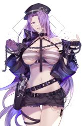 Rule 34 | 1girl, absurdres, barcode, black survival, breasts, chain, choker, cowboy shot, eternal return: black survival, gevjon, gun, hair over one eye, handgun, hat, highres, holstered, large breasts, laura (black survival), long hair, looking at viewer, midriff, navel, official alternate costume, pistol, prison clothes, purple eyes, purple hair, revolver, short shorts, shorts, smile, solo, strapless, torn clothes, torn shorts, tube top, underboob, very long hair, weapon, white background