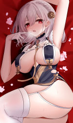 Rule 34 | 1girl, alternate costume, armpits, ass, azur lane, blush, braid, breasts, commentary request, covered erect nipples, eternity (pixiv8012826), flower, french braid, garter straps, gloves, hair between eyes, hair flower, hair ornament, half gloves, heart, heart-shaped pupils, highres, large breasts, looking at viewer, lying, naughty face, neckwear between breasts, on back, open mouth, red eyes, revealing clothes, short hair, silver hair, sirius (azur lane), sirius (azure horizons) (azur lane), skindentation, solo, sweat, symbol-shaped pupils, thighhighs, thighs, white gloves, white thighhighs