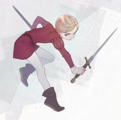 Rule 34 | 1boy, blonde hair, boots, child, daida, fighting stance, holding, holding sword, holding weapon, leggings, male focus, mifu (b24vc1), ousama ranking, prince, serious, sheath, short hair, solo, sword, tunic, weapon, white leggings