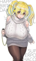 Rule 34 | 1girl, aran sweater, bare shoulders, black pantyhose, blonde hair, breasts, cable knit, character name, clothing cutout, cowboy shot, good meat day, grey sweater, hair between eyes, happy birthday, headphones, highres, huge breasts, impossible clothes, impossible sweater, leaning forward, looking at viewer, medium hair, nitroplus, open mouth, orange eyes, pantyhose, plump, ribbed sweater, shoulder cutout, smile, solo, standing, super pochaco, sweat, sweater, thick thighs, thighs, tsuji santa, turtleneck, turtleneck sweater, twintails, white background