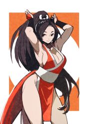 Rule 34 | 1girl, arms up, bare shoulders, breasts, brown eyes, brown hair, cleavage, closed mouth, commentary request, e-kaki, fatal fury, high ponytail, highres, japanese clothes, large breasts, long hair, looking at viewer, ninja, pelvic curtain, ponytail, revealing clothes, rope, shiranui mai, smile, solo, standing, the king of fighters, thighs