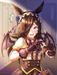 Rule 34 | 1girl, ^^^, animal ears, black bow, black bowtie, black gloves, black hair, black hairband, black skirt, black wings, blue flower, blue rose, bow, bow skirt, bowtie, brooch, center frills, changing room, cheesecake (artist), collared shirt, commentary, dated, demon wings, fangs, flower, flying sweatdrops, frilled hairband, frilled sleeves, frills, frown, gloves, hair flower, hair ornament, hair over one eye, hairband, halloween, halloween costume, high-waist skirt, highres, horse ears, horse girl, indoors, jack-o&#039;-lantern ornament, jewelry, lace, lace-trimmed gloves, lace trim, long hair, looking at viewer, official alternate costume, open mouth, orange bow, puffy short sleeves, puffy sleeves, purple eyes, rice shower (make up vampire!) (umamusume), rice shower (umamusume), rose, shirt, short sleeves, skirt, solo, spider web print, standing, star ornament, twitter username, umamusume, white shirt, wings