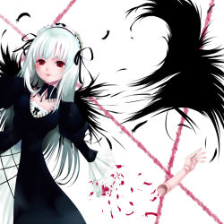 Rule 34 | 00s, akamaru, albino, bad id, bad pixiv id, black wings, blood, doll joints, feathers, joints, long hair, lying, red eyes, rozen maiden, solo, suigintou, white hair, wings