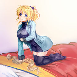 Rule 34 | 10s, 1girl, ajishio, ayase eli, bed, black thighhighs, blonde hair, blue eyes, blush, bow, breast lift, breasts, dress, feet, hair bow, jacket, kneeling, large breasts, long hair, looking at viewer, love live!, love live! school idol festival, love live! school idol project, no shoes, on bed, open clothes, open jacket, pinstripe pattern, ponytail, scarf, smile, solo, striped, thighhighs, turtleneck