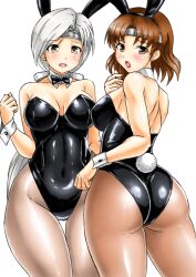 Rule 34 | 2girls, animal ears, ass, bare shoulders, black leotard, blush, bow, bowtie, breasts, brown eyes, brown hair, brown pantyhose, chitose (kancolle), chiyoda (kancolle), covered navel, detached collar, fake animal ears, grey eyes, grey hair, grey pantyhose, hair ribbon, headband, kantai collection, kudou (ooabareteng), large breasts, leotard, long hair, looking at viewer, multiple girls, open mouth, pantyhose, playboy bunny, ponytail, rabbit ears, rabbit tail, ribbon, short hair, siblings, sisters, smile, solo, strapless, strapless leotard, tail, traditional bowtie, wrist cuffs