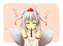 Rule 34 | 1girl, ^ ^, animal ears, bare shoulders, blush, detached sleeves, eating, closed eyes, food, food in mouth, happy, hat, heart, inubashiri momiji, looking at viewer, pocky, pom pom (clothes), short hair, silver hair, solo, tail, tail wagging, tokin hat, touhou, translation request, v arms, wolf ears, wolf tail, yuki shimono