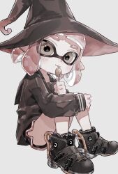 Rule 34 | 1girl, black footwear, black hat, black shirt, black shorts, candy, closed mouth, eyes visible through hair, food, grey eyes, hat, highres, holding, holding candy, holding food, holding lollipop, inkling, inkling girl, inkling player character, lollipop, long sleeves, nintendo, pink hair, plum0o0, pointy ears, shirt, shoes, short hair, shorts, sitting, smile, solo, splatoon (series), suction cups, tentacle hair, tongue, tongue out, witch hat