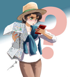 Rule 34 | ?, artist name, blouse, brown hat, brown pants, cellphone, chutohampa, clothes lift, earrings, gradient background, green eyes, hat, holding, holding map, jewelry, looking at phone, map, nail polish, open mouth, original, pants, phone, pink nails, shirt, shirt behind neck, shirt lift, short hair, simple background, smartphone, solo, white shirt