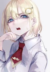 Rule 34 | 1girl, absurdres, blonde hair, blue eyes, collared shirt, disgust, frown, hair between eyes, hair ornament, hand up, highres, hololive, hololive english, long sleeves, looking at viewer, medium hair, mile (off8mile), necktie, open mouth, red necktie, shirt, short necktie, signature, simple background, solo, upper body, virtual youtuber, watson amelia, white background, white shirt, wing collar