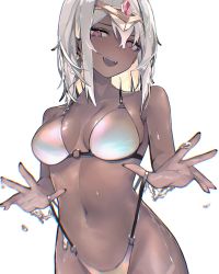 Rule 34 | 1girl, :d, adjusting clothes, adjusting swimsuit, armpits, bikini, breasts, chromatic aberration, circlet, collarbone, dark-skinned female, dark skin, eyebrows hidden by hair, fangs, from below, gold hairband, groin, hairband, highres, jitome, looking down, medium breasts, medium hair, naughty face, navel, o-ring, o-ring bikini, o-ring bottom, open mouth, original, panties, panty pull, pink eyes, pulling at clothes, septoleaf, simple background, smile, solo, swimsuit, underwear, upper body, wet, white background, white bikini, white hair