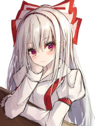 Rule 34 | 7saki, arm rest, armband, bad id, bad pixiv id, blush, commentary, elbow rest, elbows on table, expressionless, fujiwara no mokou, hair between eyes, hair ribbon, head rest, head tilt, long hair, long sleeves, looking at viewer, ponytail, red eyes, ribbon, shirt, silver hair, simple background, sketch, solo, suspenders, touhou, upper body, very long hair, white background, white shirt
