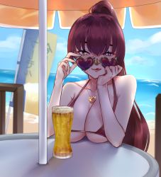 Rule 34 | 1girl, :p, adjusting eyewear, adjusting glasses, alcohol, artist request, bare shoulders, beach, beer, bikini, breasts, cleavage, cup, drink, drinking glass, female focus, hair between eyes, heart, heart-shaped eyewear, heart-shaped glasses, heart-shaped pupils, heart-shaped sunglasses, heterochromia, highres, hololive, houshou marine, jewelry, large breasts, long hair, looking at viewer, looking over eyewear, looking over glasses, necklace, ocean, outdoors, ponytail, red-tinted eyewear, red-tinted glasses, red bikini, sitting, sky, solo, sunglasses, sweat, sweatdrop, swimsuit, symbol-shaped pupils, tinted eyewear, tongue, tongue out, umbrella, upper body, virtual youtuber
