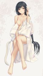 Rule 34 | 1girl, absurdly long hair, animal ears, aquaplus, bare legs, bare shoulders, barefoot, black hair, breasts, cat tail, closed mouth, unworn clothes, collarbone, feet, full body, gradient eyes, hair between eyes, hand up, highres, japanese clothes, kimono, kuon (utawarerumono), long hair, long sleeves, looking at viewer, looking to the side, medium breasts, midriff peek, miura-n315, multicolored eyes, off shoulder, open clothes, open kimono, orange eyes, sidelocks, sitting, smile, solo, swept bangs, tail, thighs, toes, utawarerumono, utawarerumono: itsuwari no kamen, very long hair, white kimono, white tail, wide sleeves